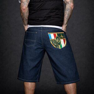 Eight 732 International Flag Urban Style Long Embellished Jean Shorts, Size 44